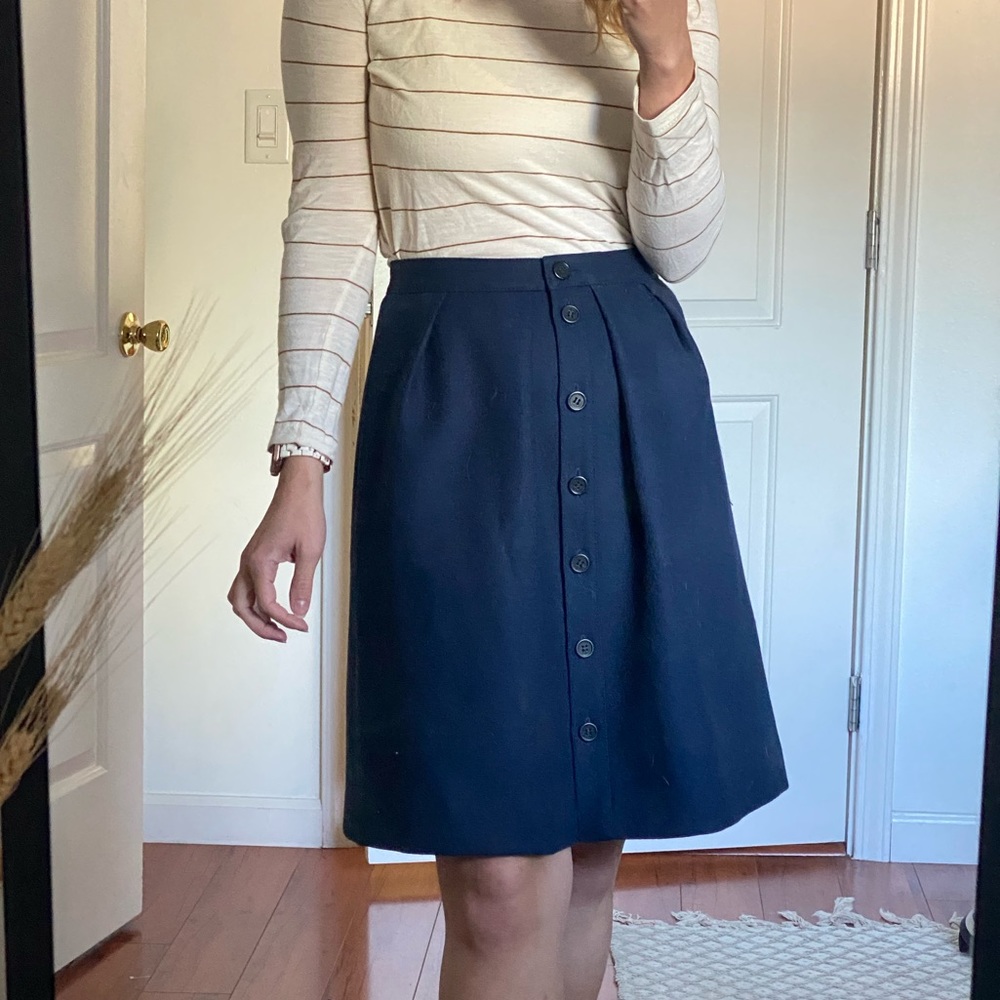 Wool navy JCrew button down pleated skirt